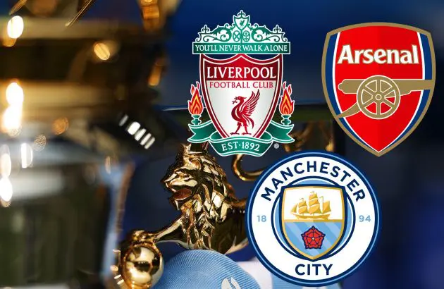 Premier League trophy and Liverpool, Manchester City and Arsenal club crests.