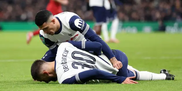 Rodrigo Bentancur injured on the floor for Tottenham