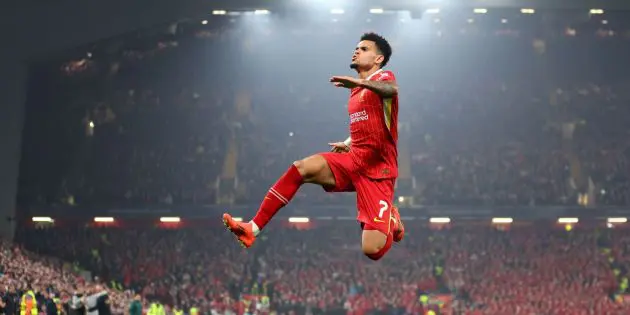 Luis Diaz celebrates scoring for Liverpool