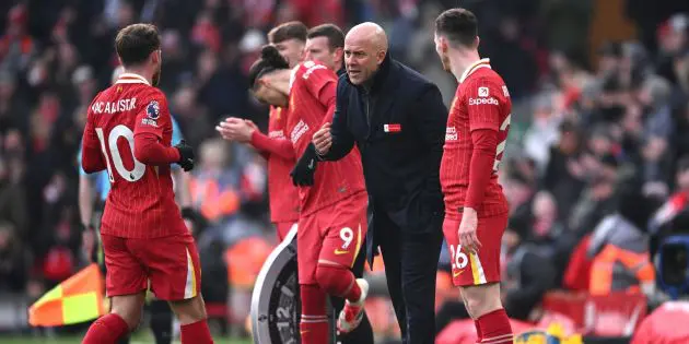 Arne Slot oversees Liverpool at Anfield