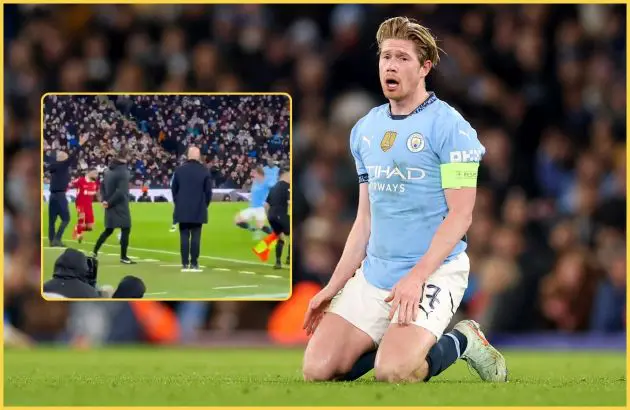 Kevin De Bruyne on his knees next to a picture of Mo Salah dribbling.