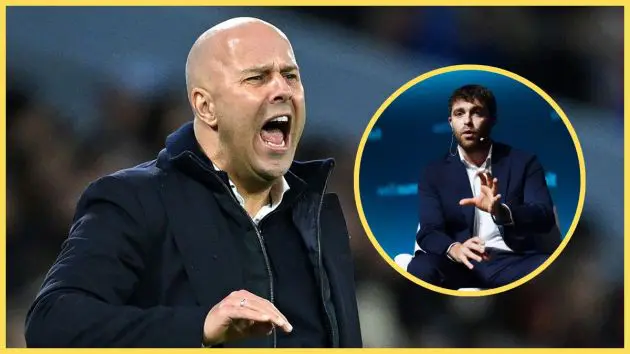 Liverpool head coach Arne Slot shouts next to picture of Fabrizio Romano.