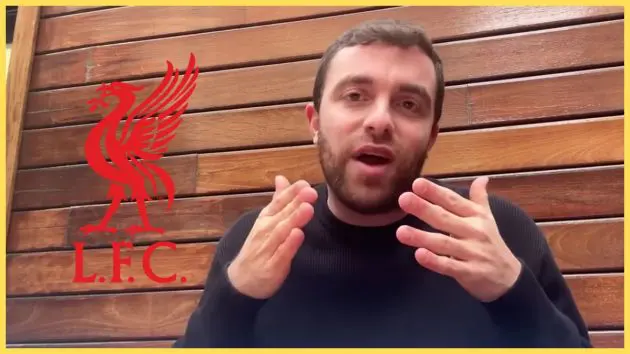 Fabrizio Romano gestures with his hands next to Liverpool club crest.