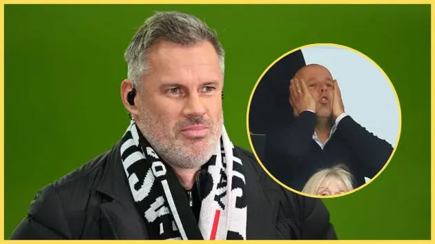 Jamie Carragher wears a scarf next to Arne Slot pulling his face in frustration.