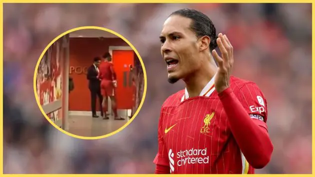 Virgil van Dijk holds up his hand next to a picture of PSG president.