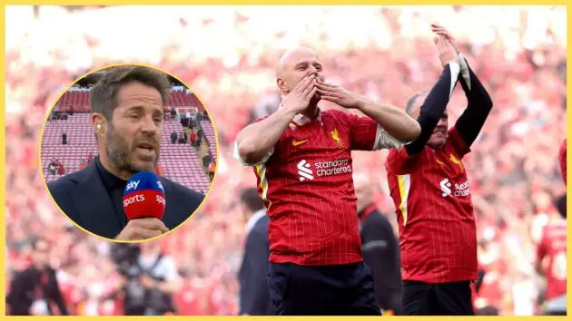 Arne Slot blows kisses to Liverpool fans next to Jamie Redknapp.