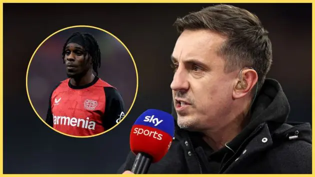 Gary Neville speaks into Sky Sports microphone next to Jeremie Frimpong
