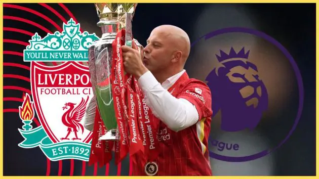 Arne Slot kisses the Premier League trophy next to Liverpool club crest.