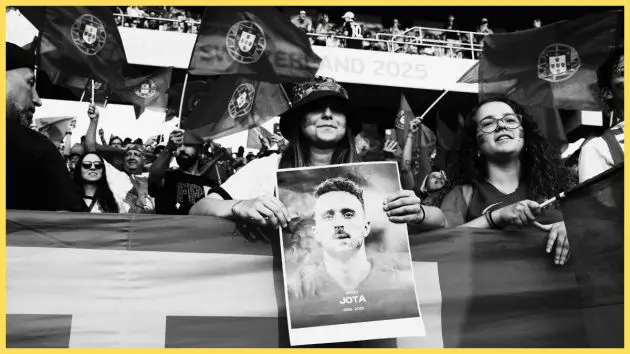 Portugal fans hold a picture of Diogo Jota at Euro 2025