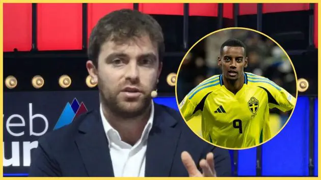 Fabrizio Romano gestures with a hand next to Alexander Isak.
