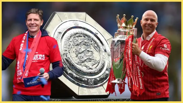 Arne Slot holds Premier League trophy and Oliver Glasner smiles next to Community Shield.