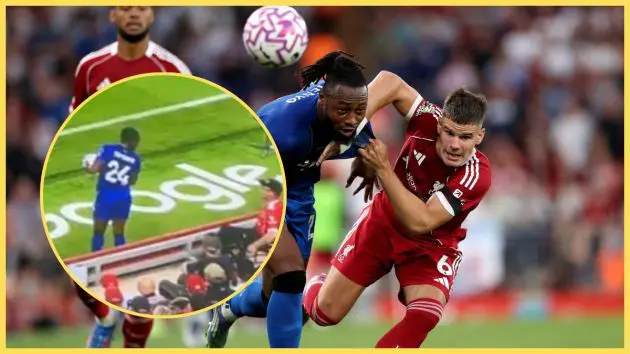 Antoine Semenyo interacts with Liverpool fan next to picture of him competing with Milos Kerkez.
