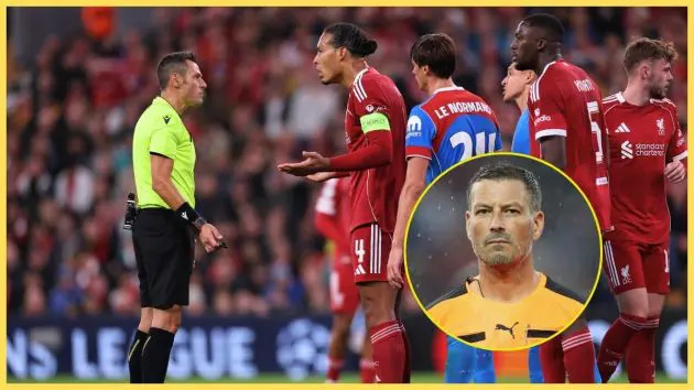 Virgil van Dijk of Liverpool talks to referee Maurizio Mariani