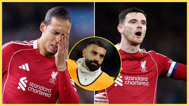 Virgil van Dijk covers his face, as Andy Robertson and Mo Salah looks on.