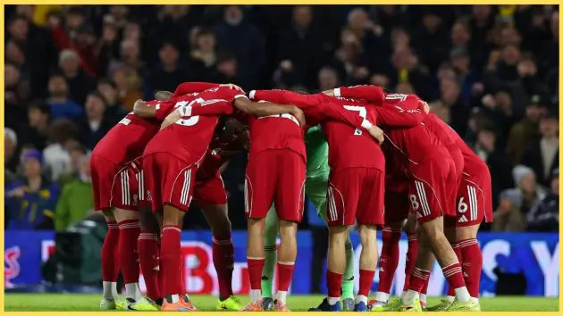 Liverpool players form a huddle prior to thier match against Leeds