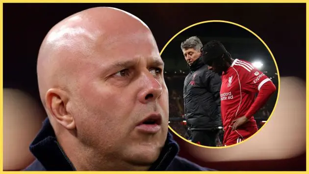 Arne Slot looks on open-mouthed next to Jeremie Frimpong looking down in disappointment.