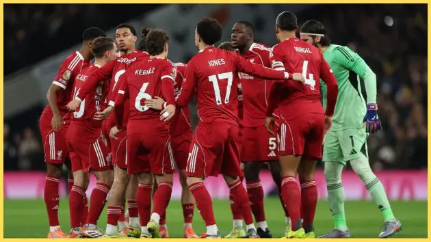 Liverpool players form a pre-match huddle