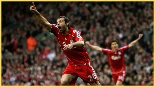 Javier Mascherano of Liverpool celebrates scoring against Reading in 2008