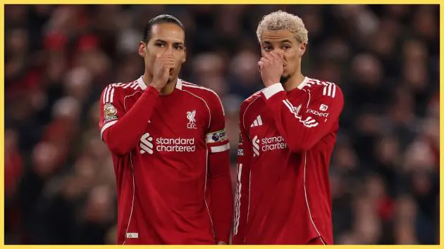 Virgil van Dijk and Hugo Ekitike of Liverpool talk during the Premier League match between Liverpool and Manchester City