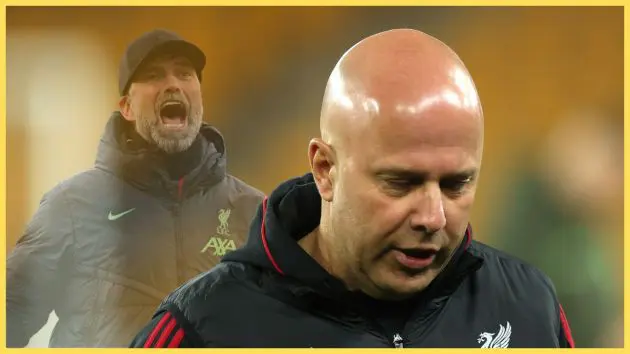 Jurgen Klopp shouts in the background behind a dejected Arne Slot.