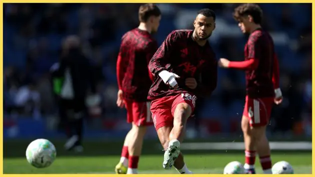 Cody Gakpo of Liverpool shoots during the warm up prior to the Premier League match between Brighton & Hove Albion and Liverpool