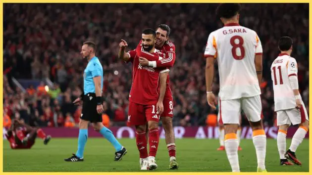 Mohamed Salah of Liverpool celebrates scoring his team's fourth goal with team mate Dominik Szoboszlai during the UEFA Champions League 2025/26 Round of 16 Second Leg match between Liverpool FC and Galatasaray