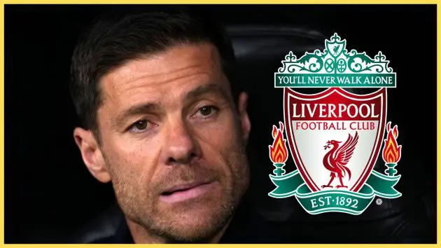 Xabi Alonso chews his lip next to Liverpool club crest.