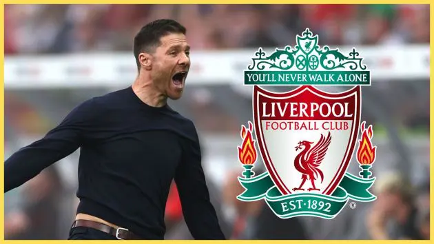 Xabi Alonso screams in celebration next to Liverpool club crest.