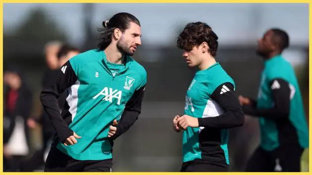 Dominik Szoboszlai of Liverpool looks on during a training session at AXA Training Centre