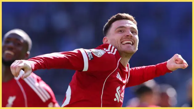 Andrew Robertson of Liverpool celebrates victory following the Premier League match between Everton and Liverpool at Hill Dickinson Stadium