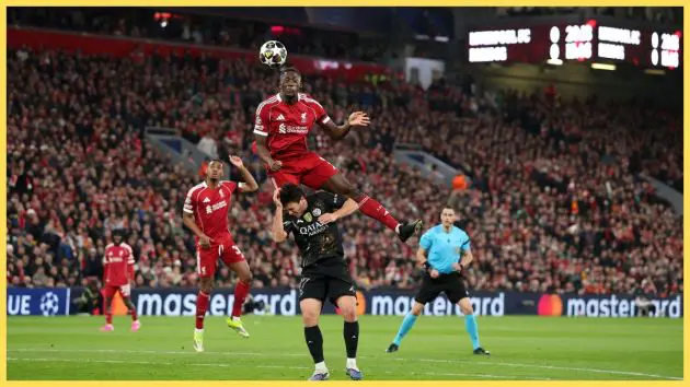 Vitinha of Paris Saint-Germain is challenged by Ibrahima Konate of Liverpool during the UEFA Champions League 2025/26 Quarter-Final Second Leg match between Liverpool FC and Paris Saint-Germain FC at Anfield