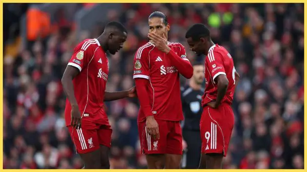 Ibrahima Konate, Virgil van Dijk and Alexander Isak of Liverpool interact during the Premier League match between Liverpool and Nottingham Forest at Anfield