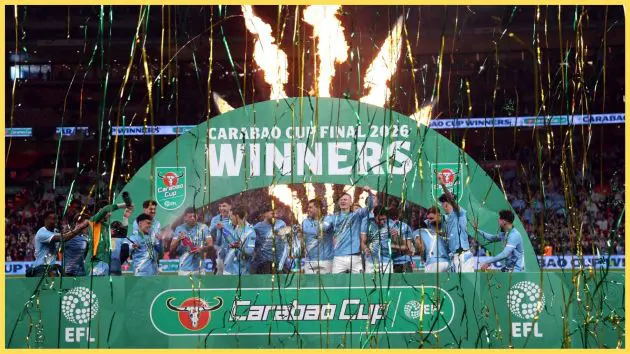 Manchester City players celebrate their Carabao Cup triumph