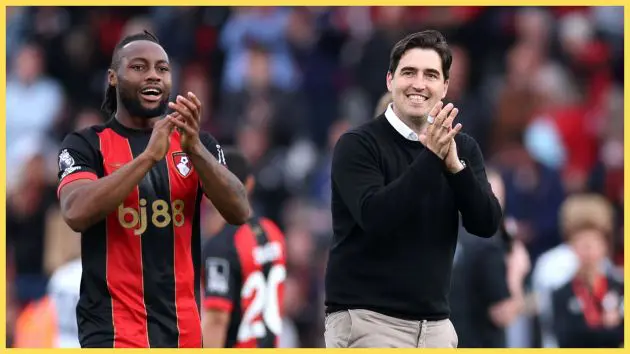 Liverpool-linked Andoni Iraola and Antoine Semenyo clap the Bournemouth fans.