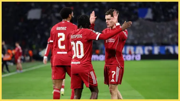 Jeremie Frimpong of Liverpool and Florian Wirtz celebrate after Geronimo Rulli of Marseille (not pictured) scores an own goal, the third goal for Liverpool during the UEFA Champions League 2025/26 League Phase MD7 match between Olympique de Marseille and Liverpool FC at Stade de Marseille
