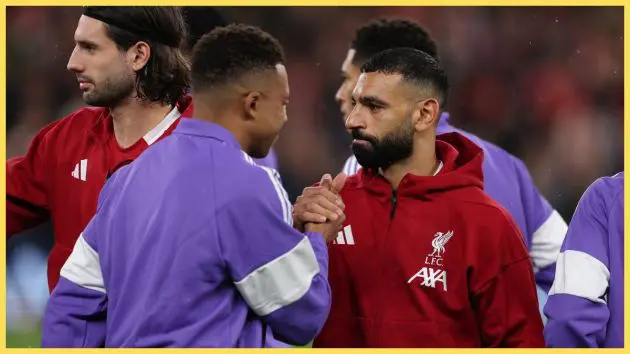 Mohamed Salah of Liverpool shakes hands with Kylian Mbappe of Real Madrid prior to the UEFA Champions League 2025/26 League Phase MD4 match between Liverpool FC and Real Madrid C.F. at Anfield