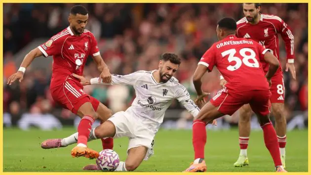Bruno Fernandes of Manchester United is challenged by Cody Gakpo of Liverpool during the Premier League match between Liverpool and Manchester United at Anfield