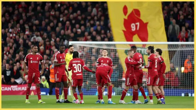 Liverpool players hold one final pep talk before a game at Anfield