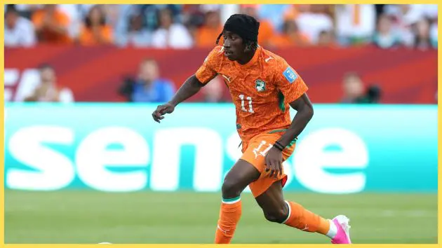 Liverpool target Yan Diomande dribbles with the ball.