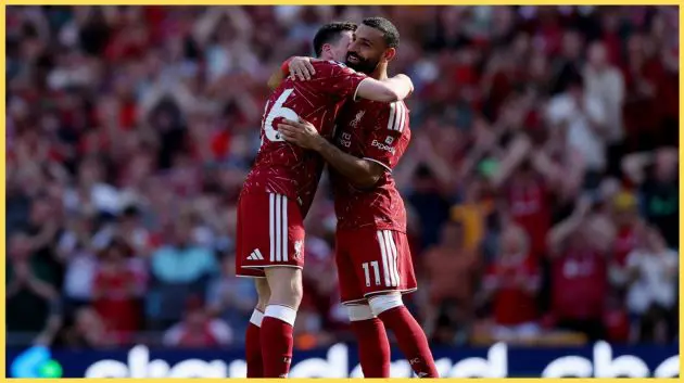 Andy Robertson hugs Mo Salah on the duo's final appearance for Liverpool