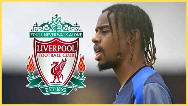 PSG winger Bradley Barcola looks on next to Liverpool club crest.