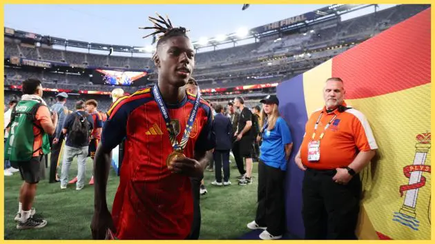 Arsenal transfer target Nico Williams grasps his World Cup winner's medal after Spain beat Argentina in the final.
