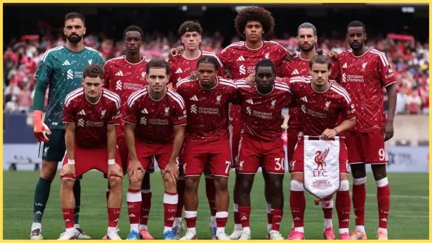 Liverpool players pose for a team photo before their friendly against Leeds